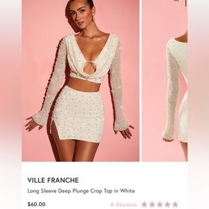 VILLE FRANCHE Long Sleeve Deep Plunge Crop Top in White